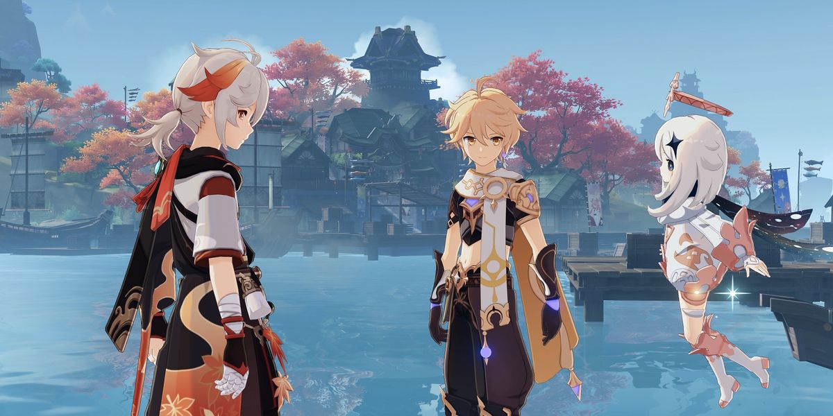 Image of three characters conversing in Genshin Impact.