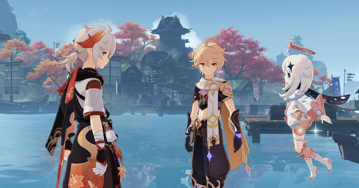 Image of three characters conversing in Genshin Impact.