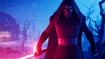 Fortnite Star Wars character holding lightsaber with buildings and trees in background