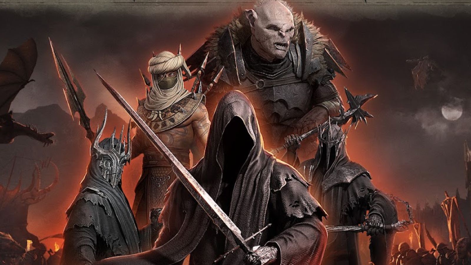 Screenshot of orcs, Sauron, and other villains in The Lord of the Rings: Rise to War