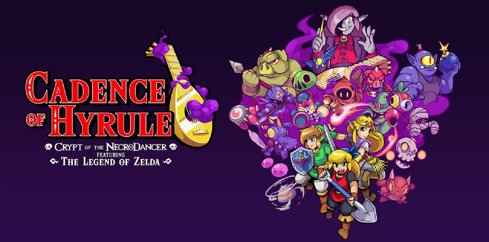 Game image of Cadence of Hyrule featuring multiple video game characters, including Link, on a purple background.