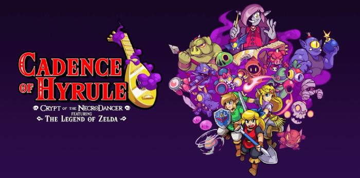 Game image of Cadence of Hyrule featuring multiple video game characters, including Link, on a purple background.