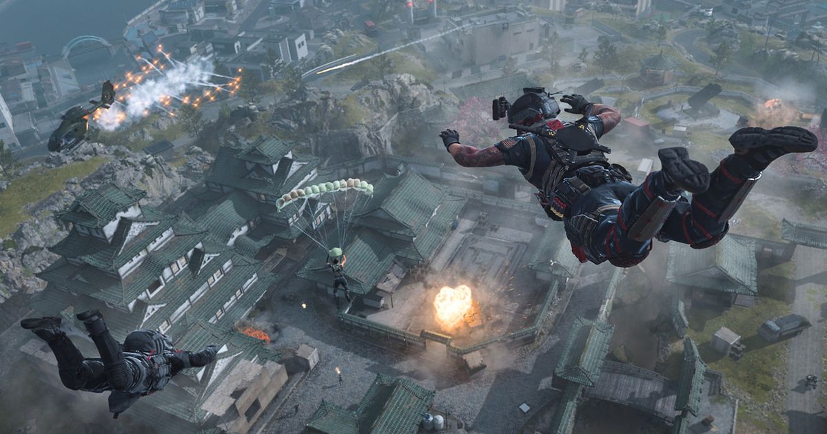 Screenshot of Warzone 2 players dropping from sky onto Pagoda building on Ashika Island map