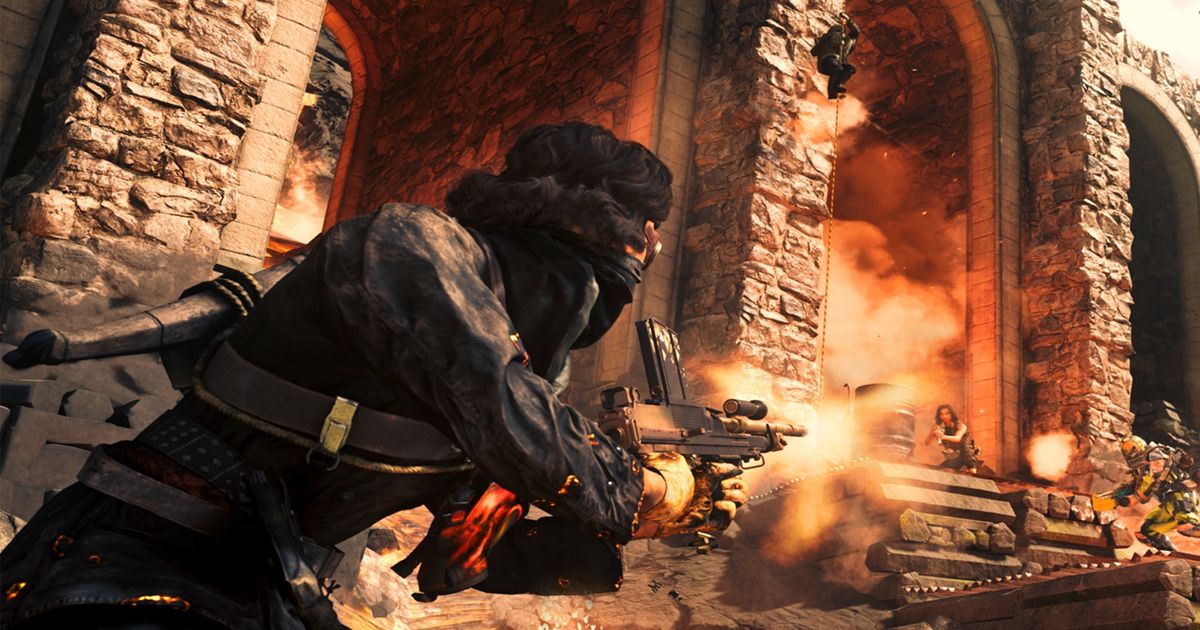 Image showing Warzone players fighting near exploding archway