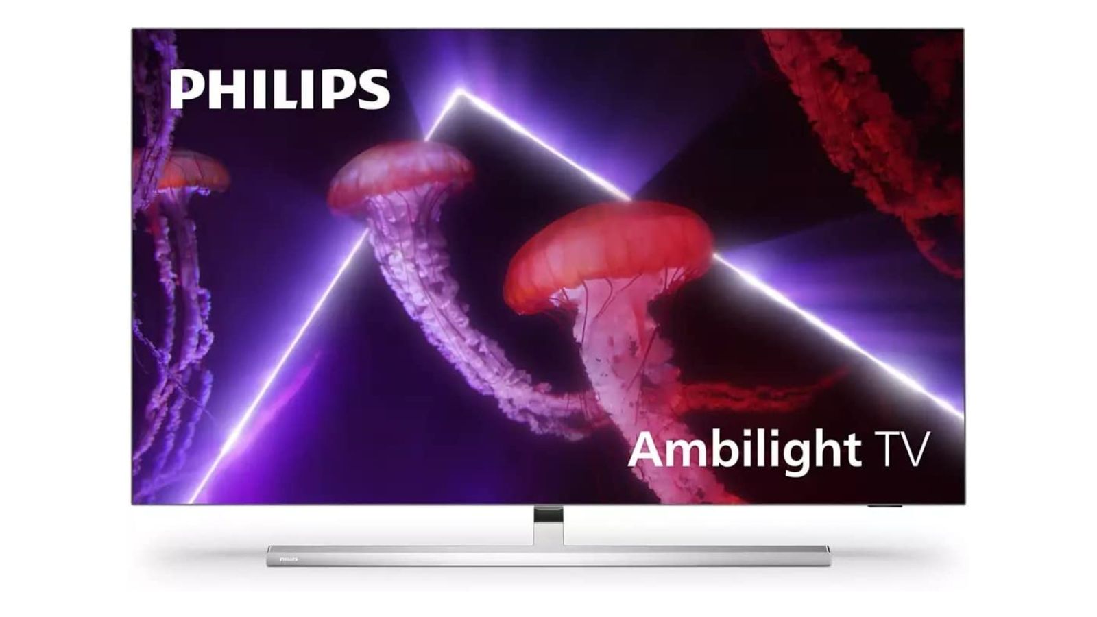 Best OLED TV - Philips 48OLED807 product image of a silver-framed TV with pink jellyfish on the display in front of a purple light.