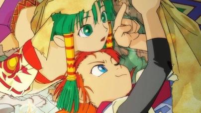Grandia HD artwork showing two characters flirting 