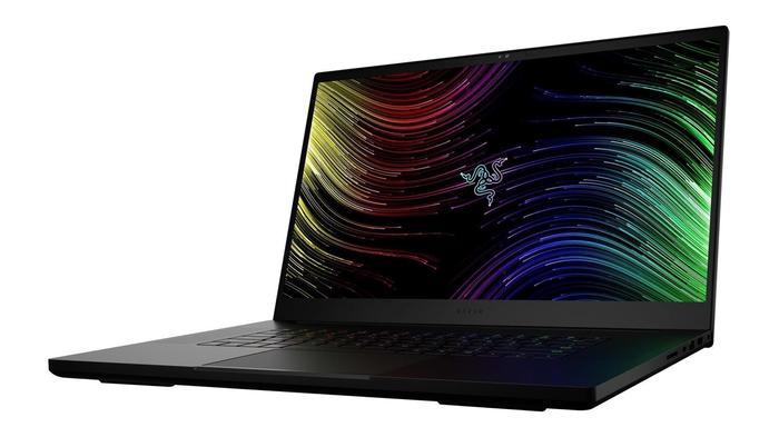 Best Resident Evil 4 gaming laptop - Razer Blade 17 product image of a black gaming laptop featuring Razer branding in green alongside multi-coloured lines on the display.