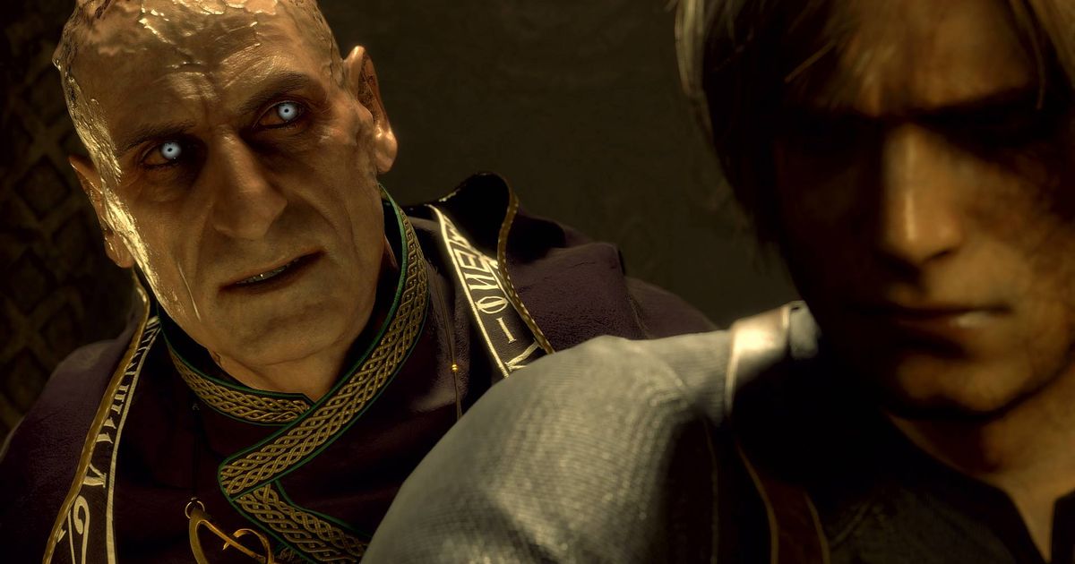 Osmund Saddler talking to Leon S. Kennedy in Resident Evil 4 remake.