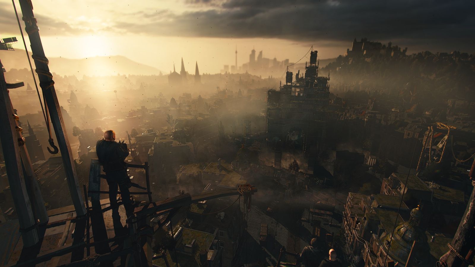 Dying Light 2 Citizens of Villedor looking out at The City from a Water Tower