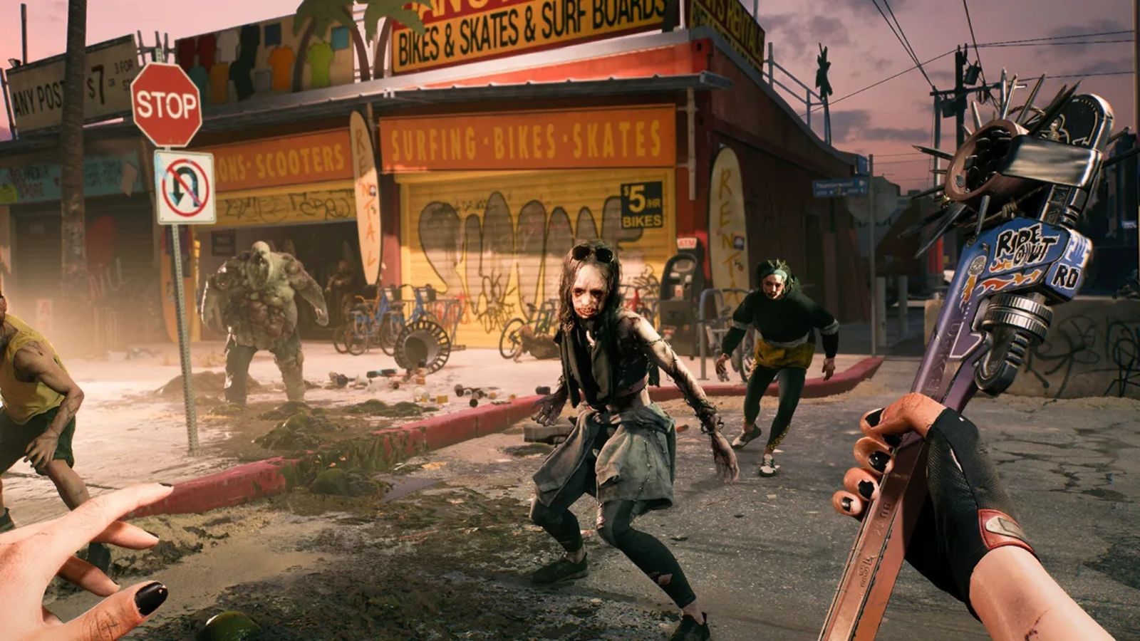 Dead Island 2 player holding wrench in front of zombies