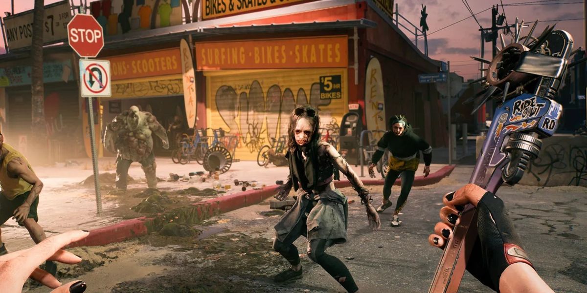 Dead Island 2 player holding wrench in front of zombies