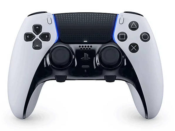 DualSense Edge product image of a white and black controller.