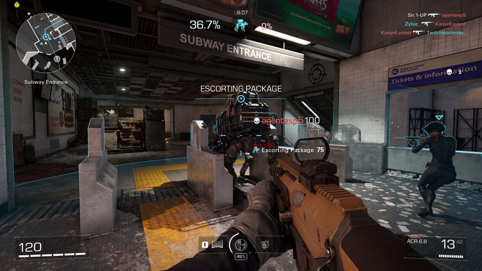 A first-person image of XDefiant gameplay which shows the player escorting a payload through subway terminals.