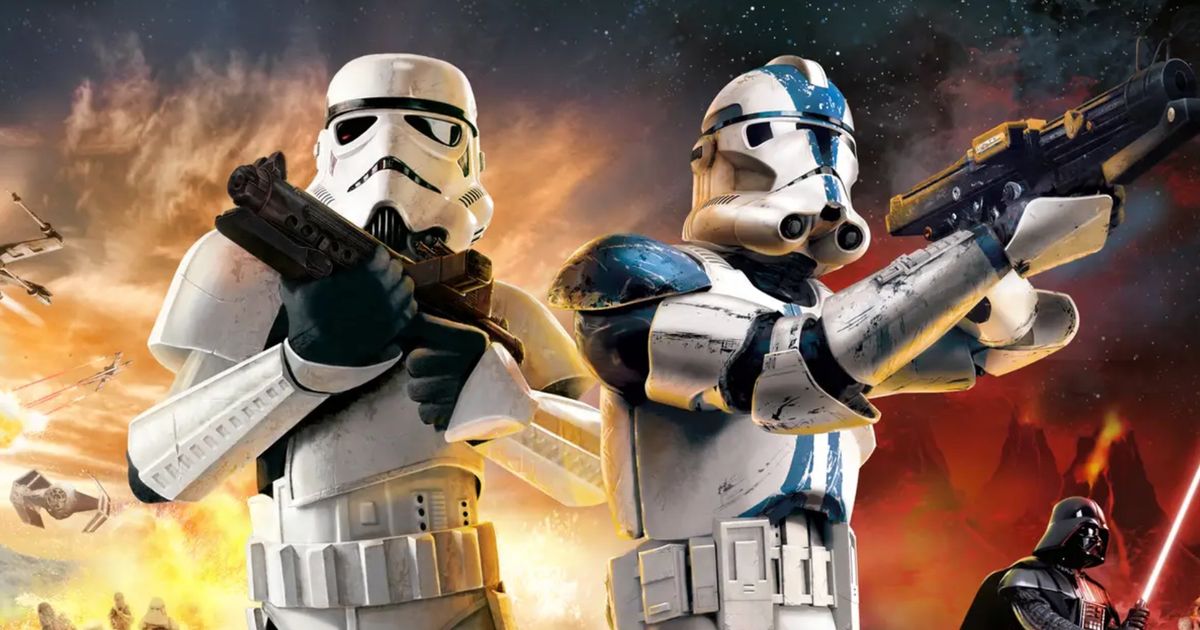 Cover art for Star Wars Battlefront Classic Collection, showing a Stormtrooper and Clone Trooper aiming their blasters. 