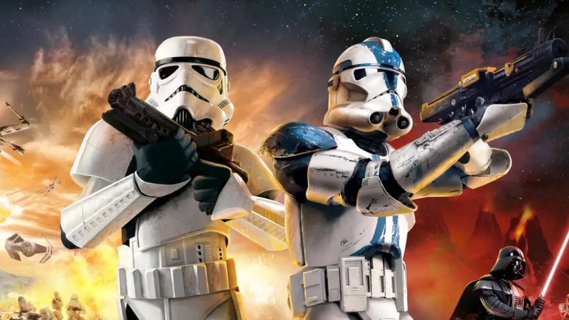 A stormtrooper and a clone trooper aiming their rifles in a cool pose against a space backg