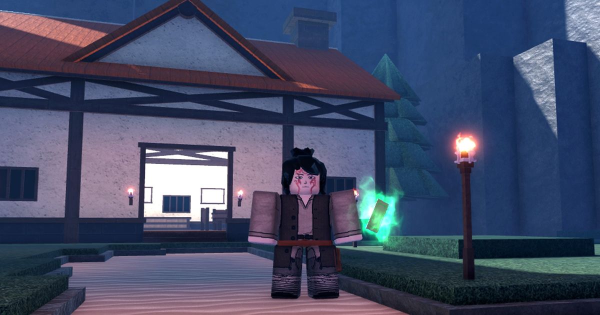 Roblox person stands in front of house holding glowing green magic book