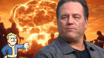 Phil Spencer crying as a Fallout 76 Nuke explodes behind him; Vault Boy stands to the side giving the Xbox boss a “thumbs down”