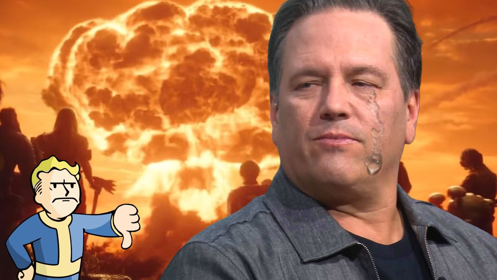 Phil Spencer crying as a Fallout 76 Nuke explodes behind him; Vault Boy stands to the side giving the Xbox boss a “thumbs down”