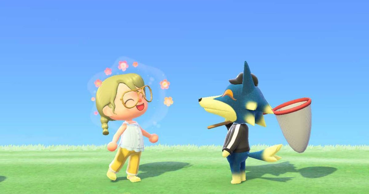 Animal Crossing New Horizons. The player is talking to Wolfgang the Wolf. Wolfgang is on the right and smiling at the player who is expressing joy on the left.