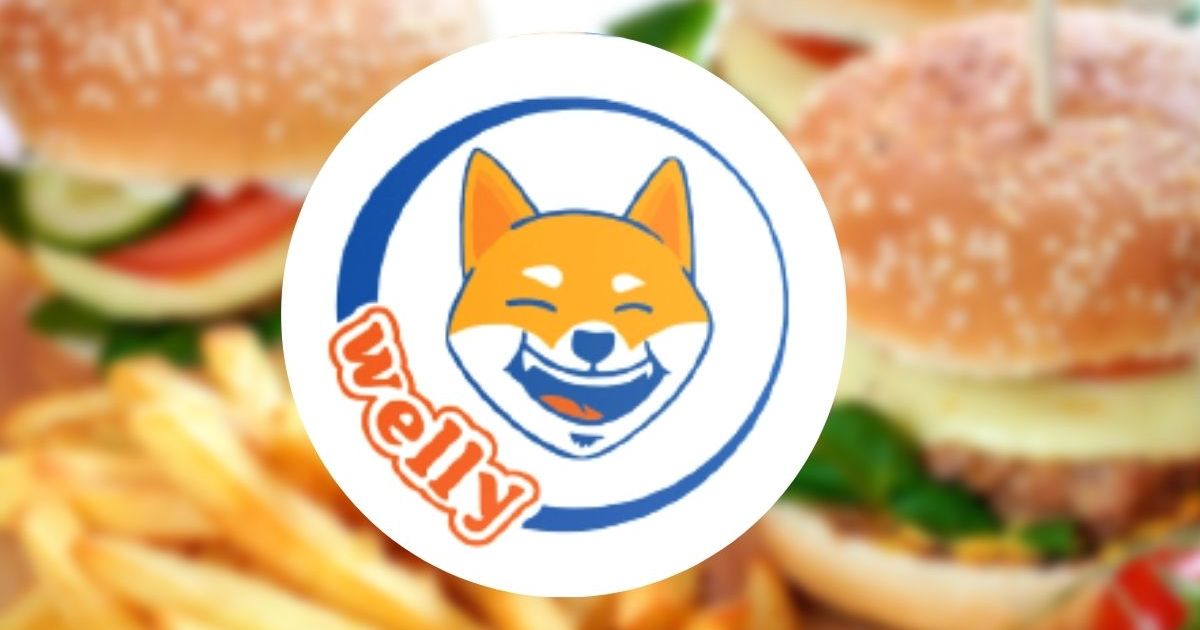 Welly Shiba Inu logo in front of burger and fries.