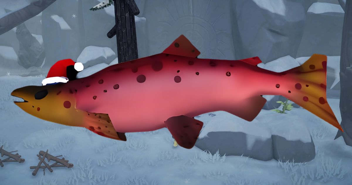 Disney Dreamlight Valley - red salmon with a santa hat in front of a snowy background