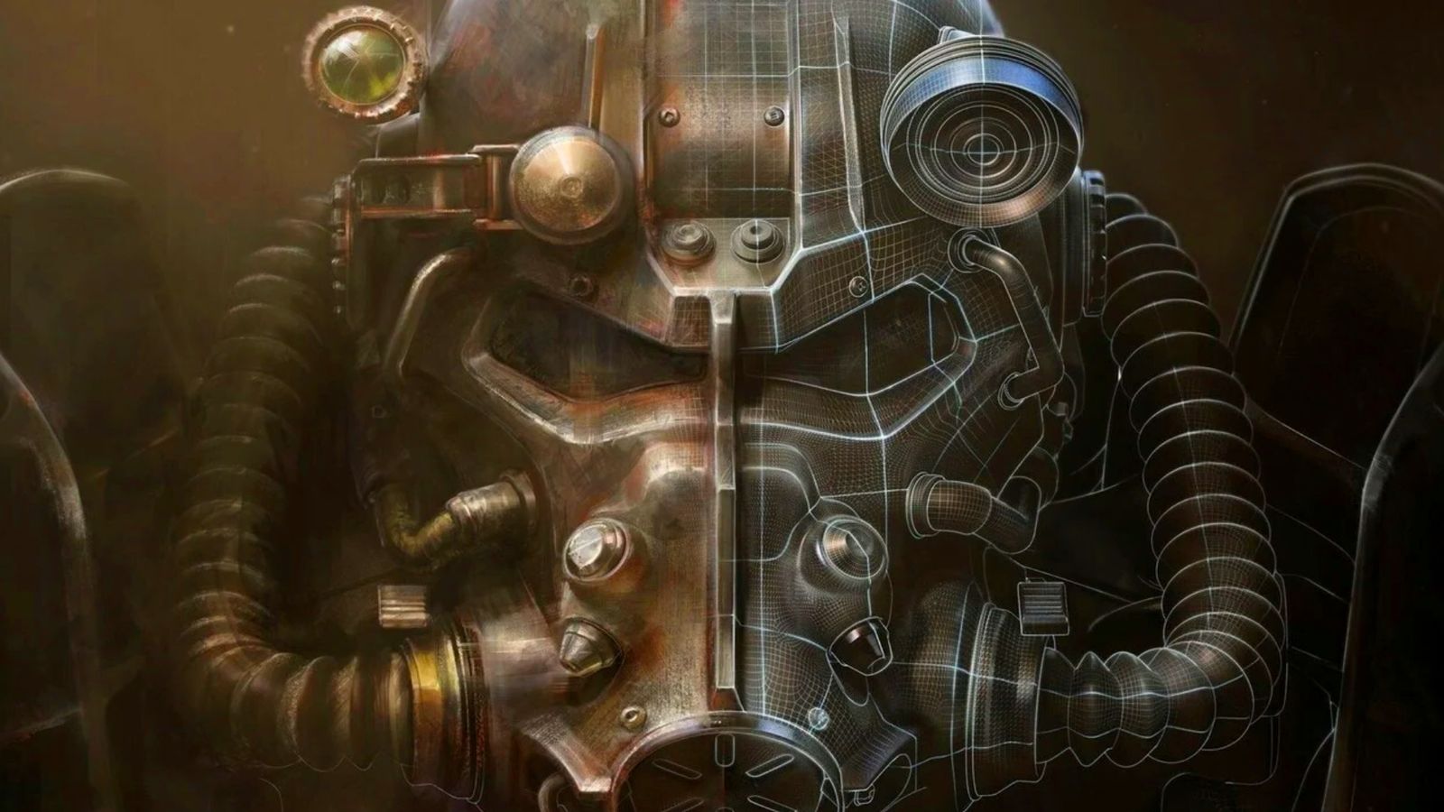 Fallout 4 Power Armour profile shot with blueprint wireframe surrounding the right side 