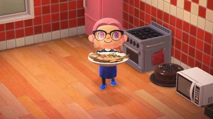 A player using a Stonework Kitchen in Animal Crossing: New Horizons to cook a recipe involving fish.