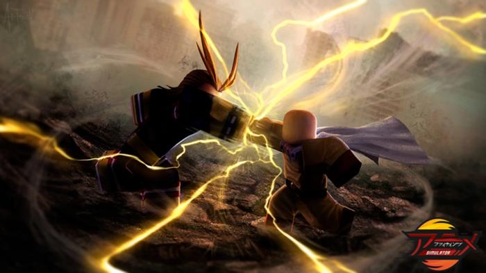 Screenshot from Anime Fighting Simulator showing two Roblox characters clashing powers together