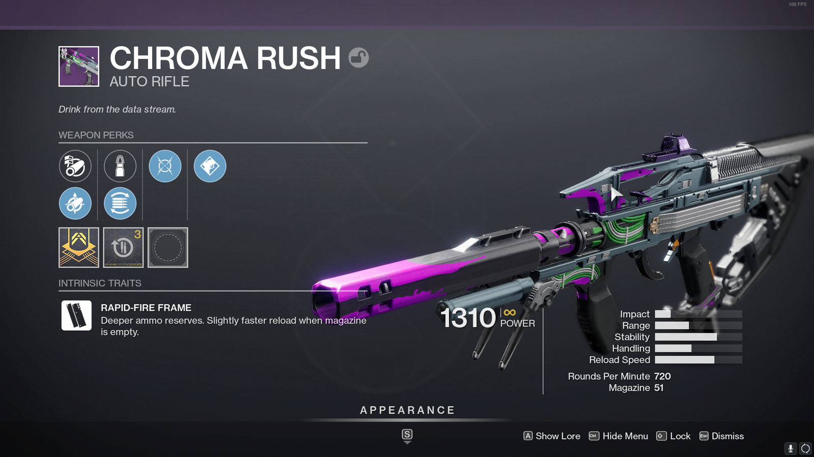 Image of the Destiny 2 weapon, Chroma Rush, with its perks on display.