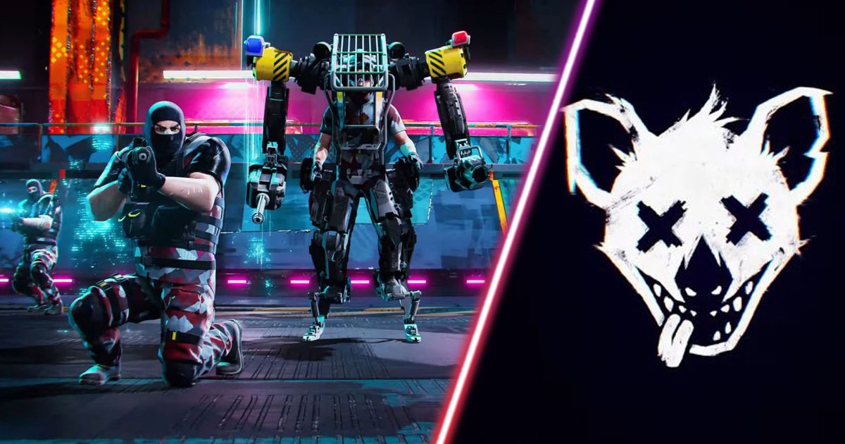 Hyenas player standing next to robot and Hyenas logo on black background