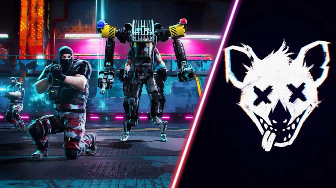 Hyenas player standing next to robot and Hyenas logo on black background