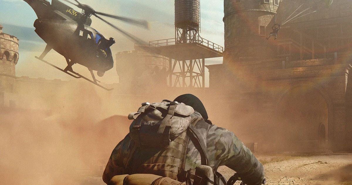 Warzone Mobile player riding motorbike with player on edge of helicopter in background