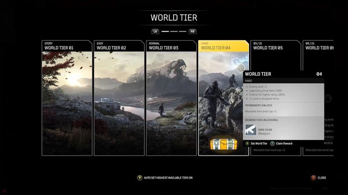 Outriders menu screen showing the World Tiers available to the player