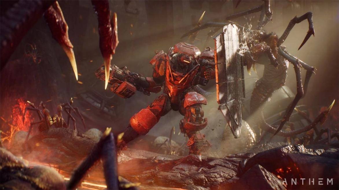 The character fights monsters in Anthem.