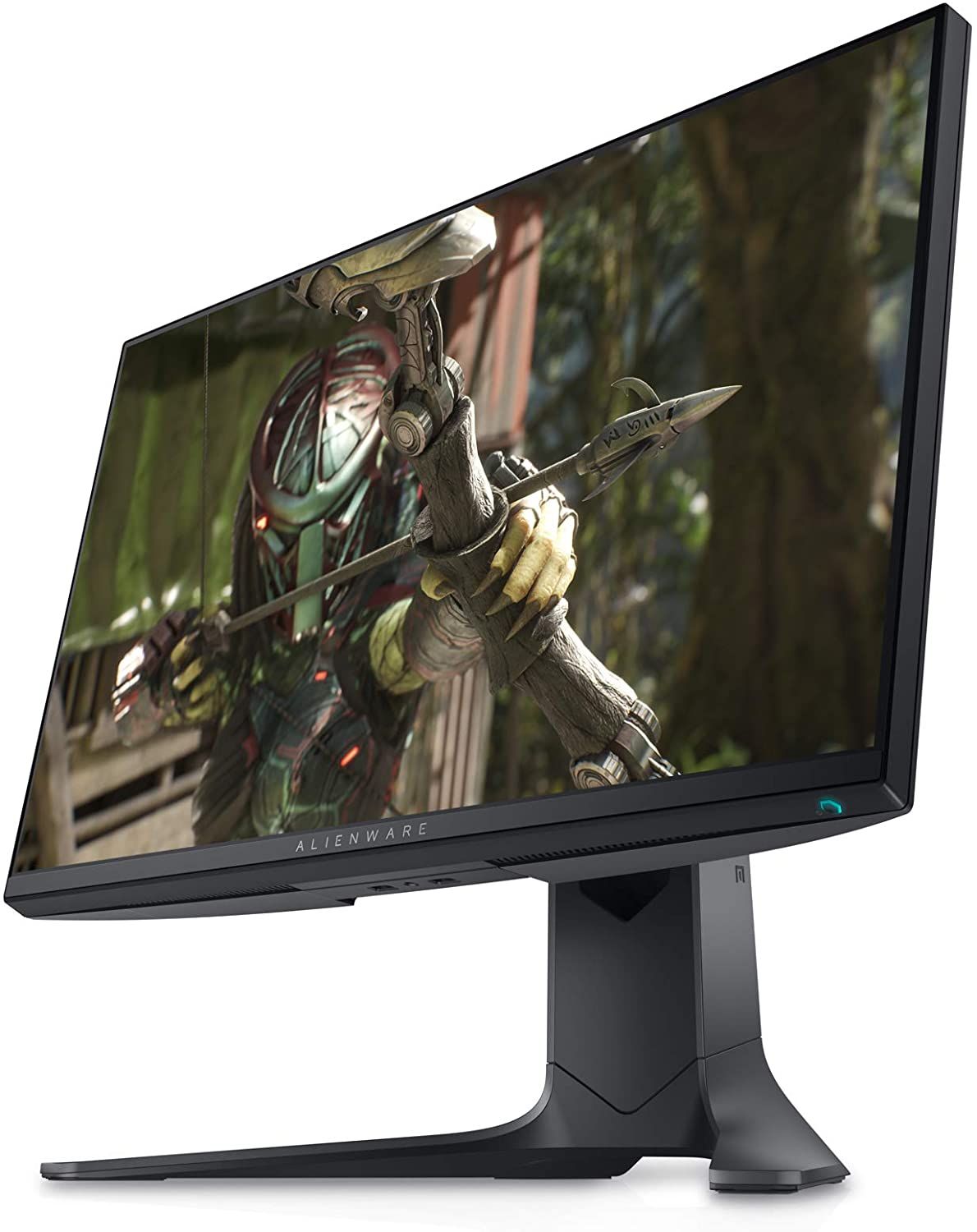 Alienware AW2521HF product image of a black monitor with a character in a mask aiming a bow and arrow on the display.