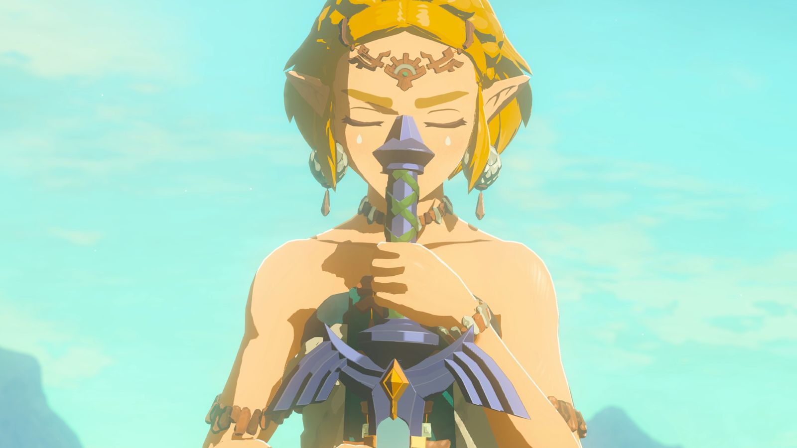 Image of Zelda in The Legend of Zelda: Tears of the Kingdom holding a sword downwards.