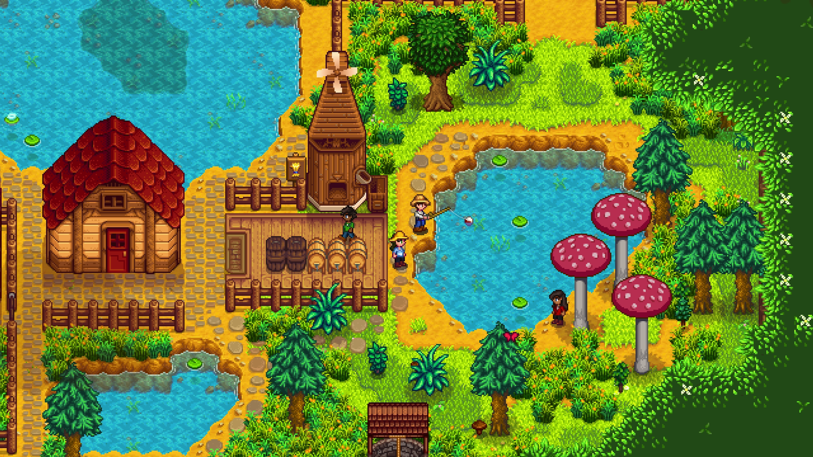 stardew valley river jelly characters fishing in pond