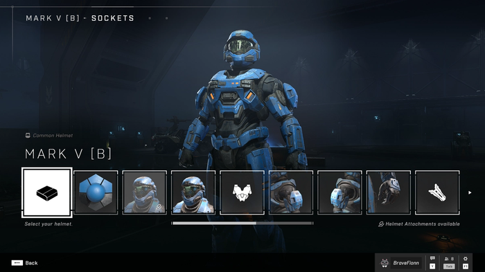 Halo Infinite's armor customization screen, showing the available categories including color, visors, and more.
