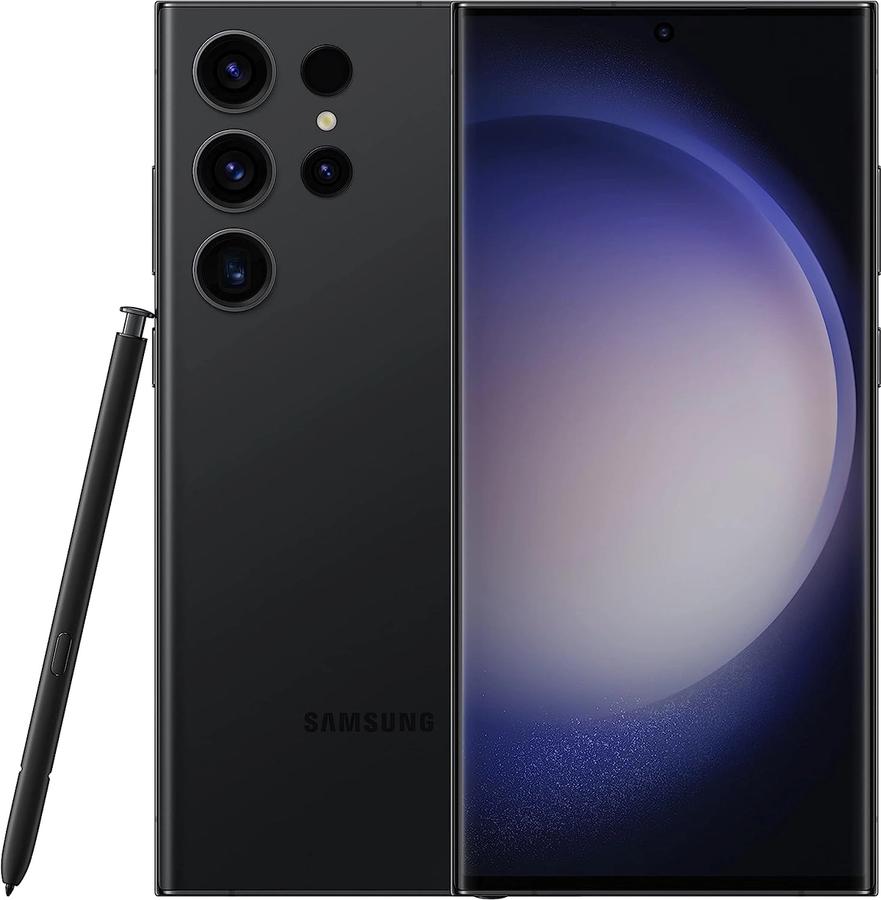 Samsung Galaxy S23 Ultra product image of a black smartphone with a black stylus next to it.