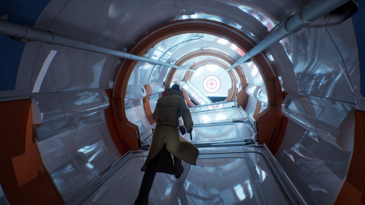 The Space Inside Fortnite Creative map key art showing a character sprinting down a sci-fi corridor