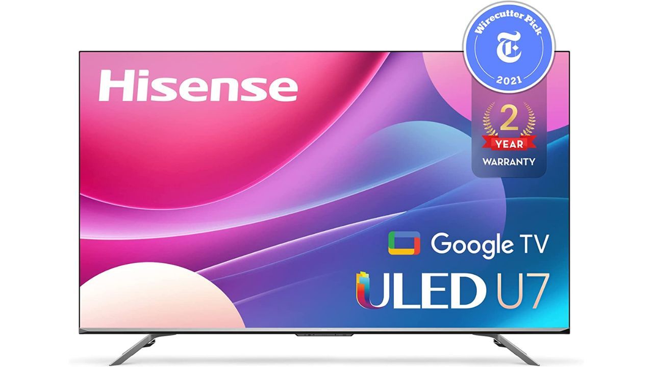 Best cheap TV - Hisense U7H product image of a silver-framed TV with a pink, purple, and blue pattern on the display.