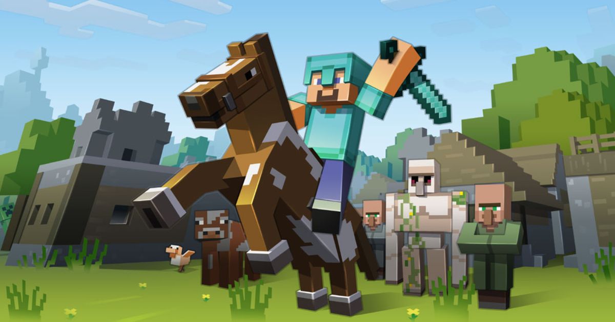 A Minecraft character in diamond armour holding a diamond sword riding a horse.