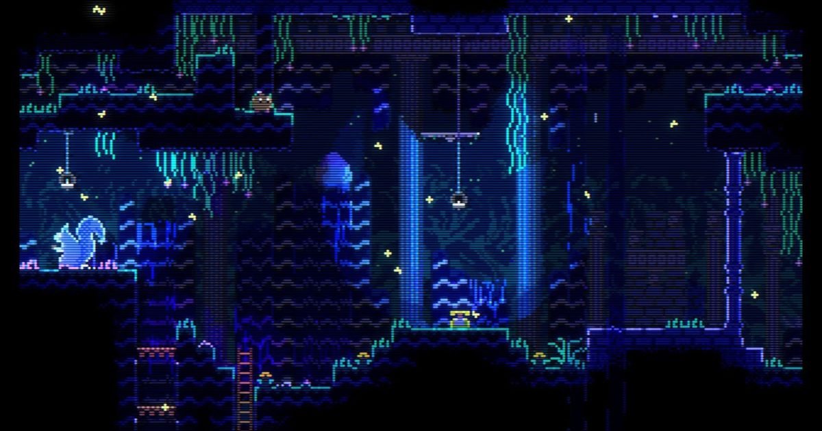 Gameplay of Animal Well involving a telephone in a blue-lit cave.
