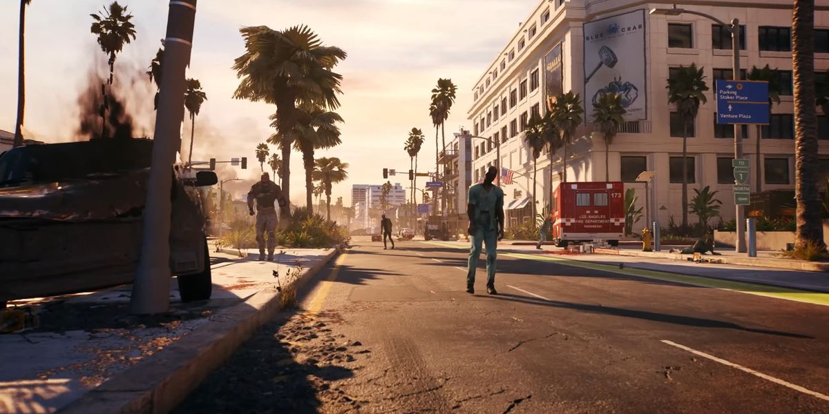 Screenshot showing Dead Island 2 zombies walking down street