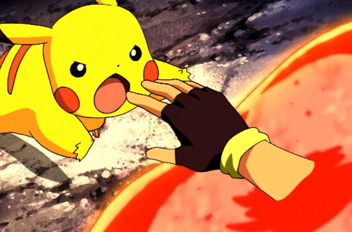 Ash is succumbing to a red blob of tree sap, with Pikachu trying to save him.