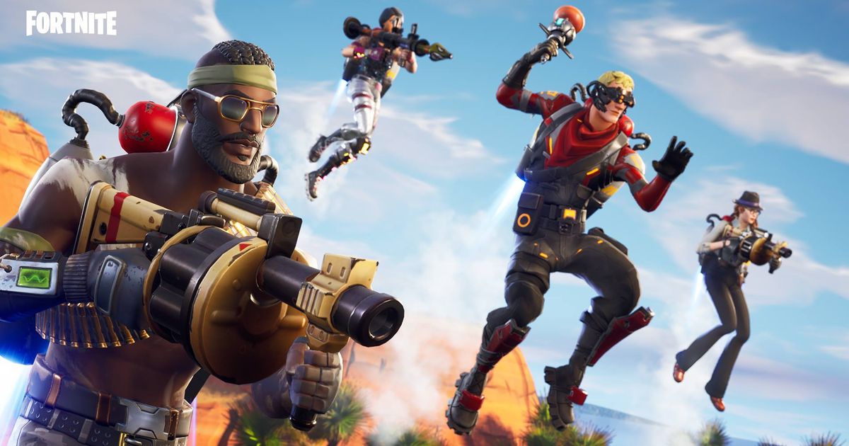 fortnite four characters holding their weapons in the sky