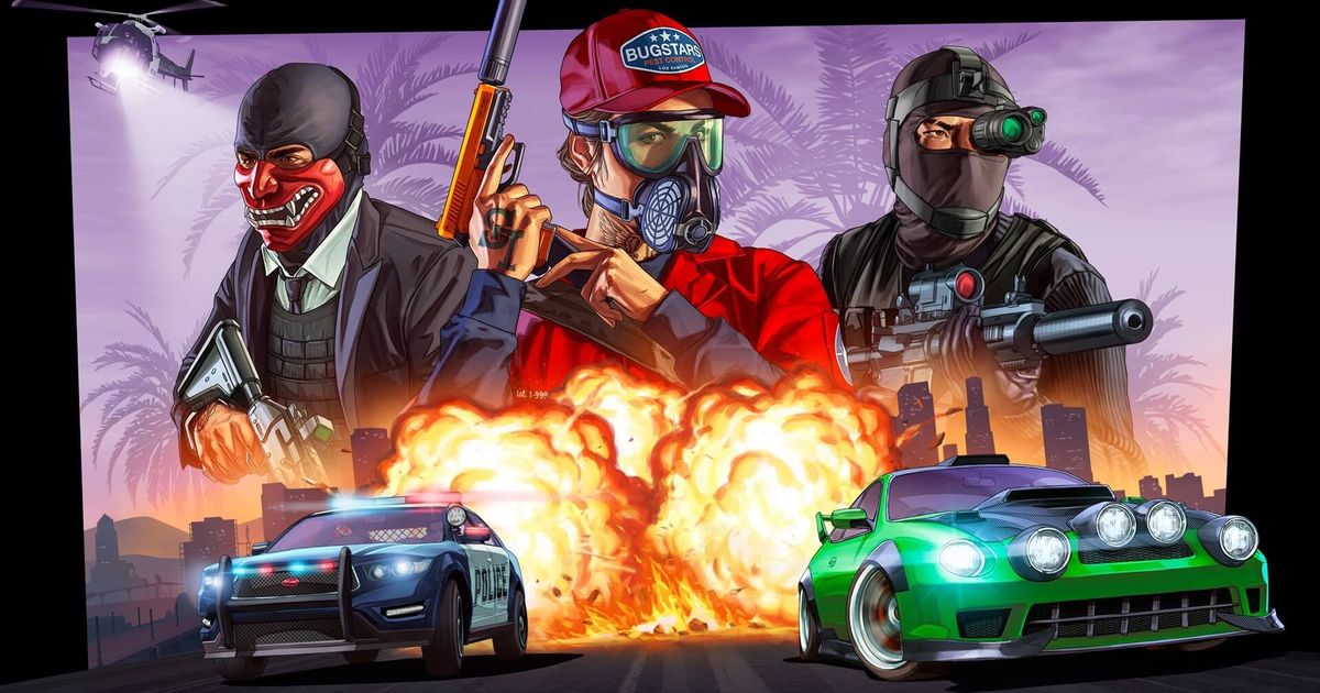 GTA Online players holding guns with cars driving away from explosions in background