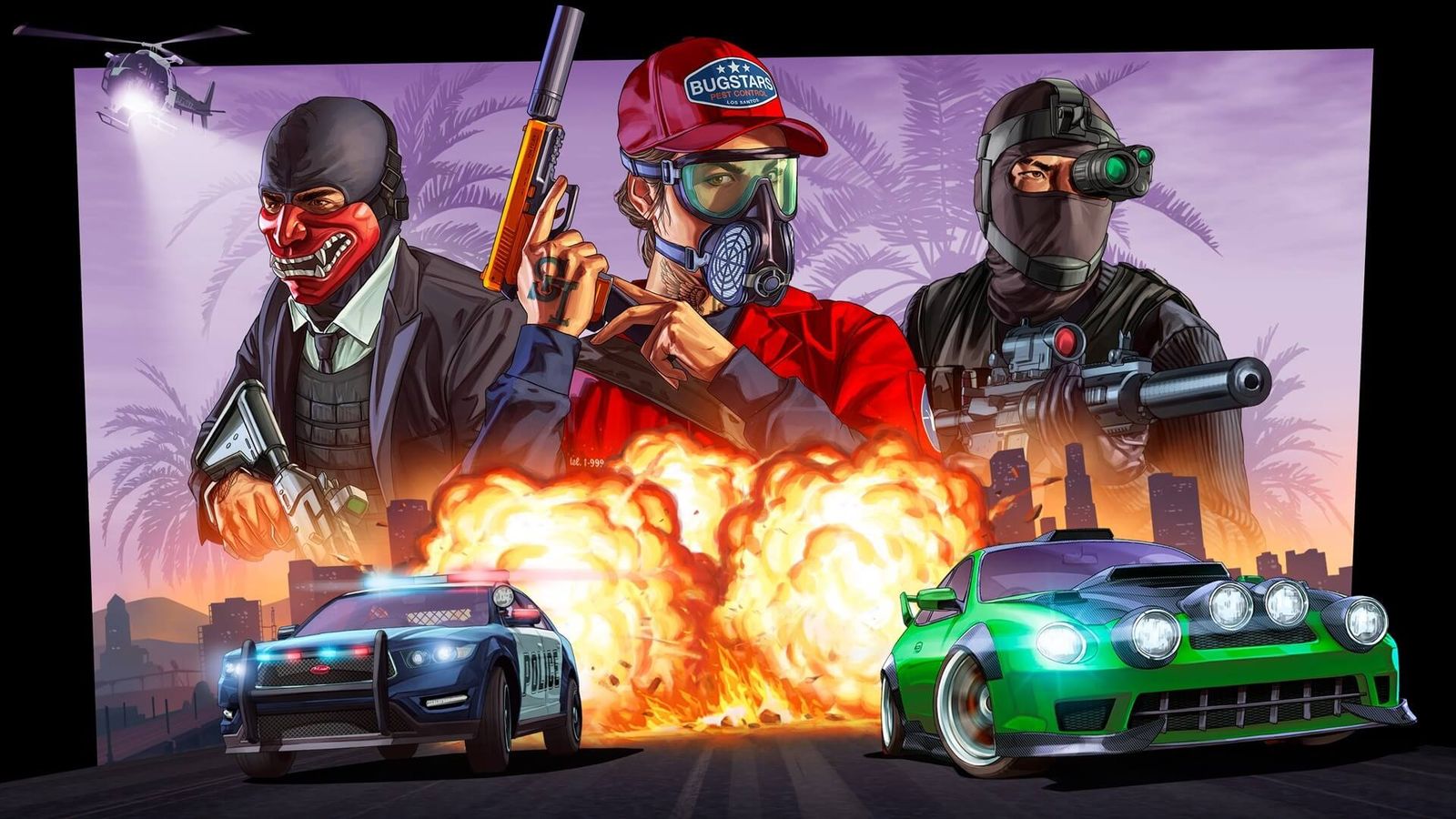 GTA Online players holding guns with cars driving away from explosions in background