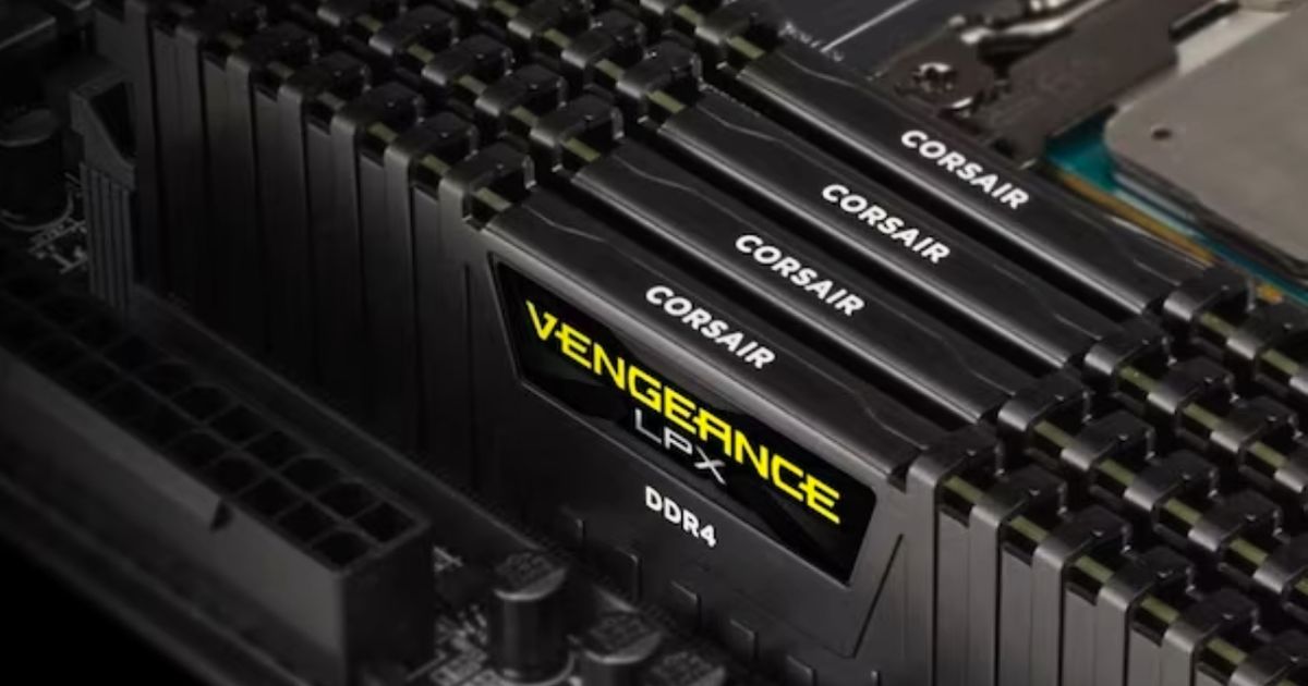 Three black RAM cards featuring yellow Vengeance branding on the side connected to a PC.