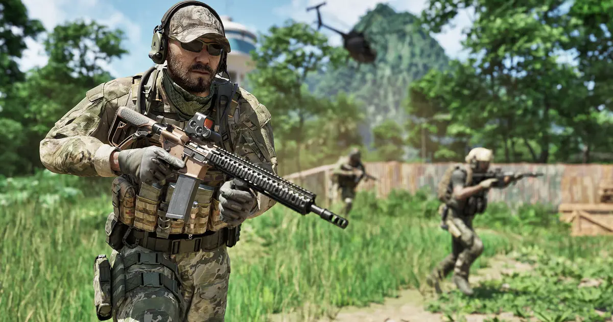 Gray Zone Warfare player holding assault rifle with soldiers and helicopter in background